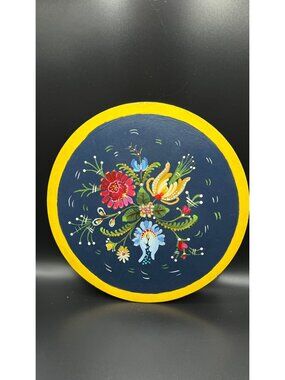 Hand-Painted Round Floral Wooden Plate Yellow Border Vtg Folk Art Decor Hex sign